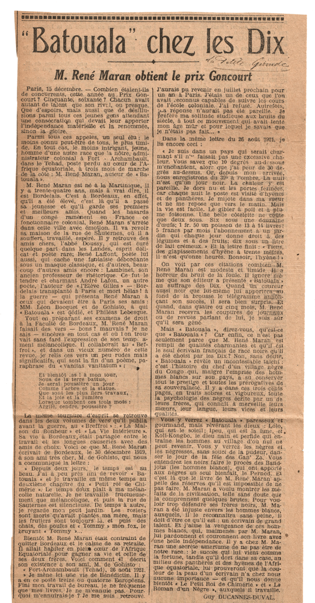 Article De La Petite Gironde Du 15 Decembre 1921 Perit, René Maran
