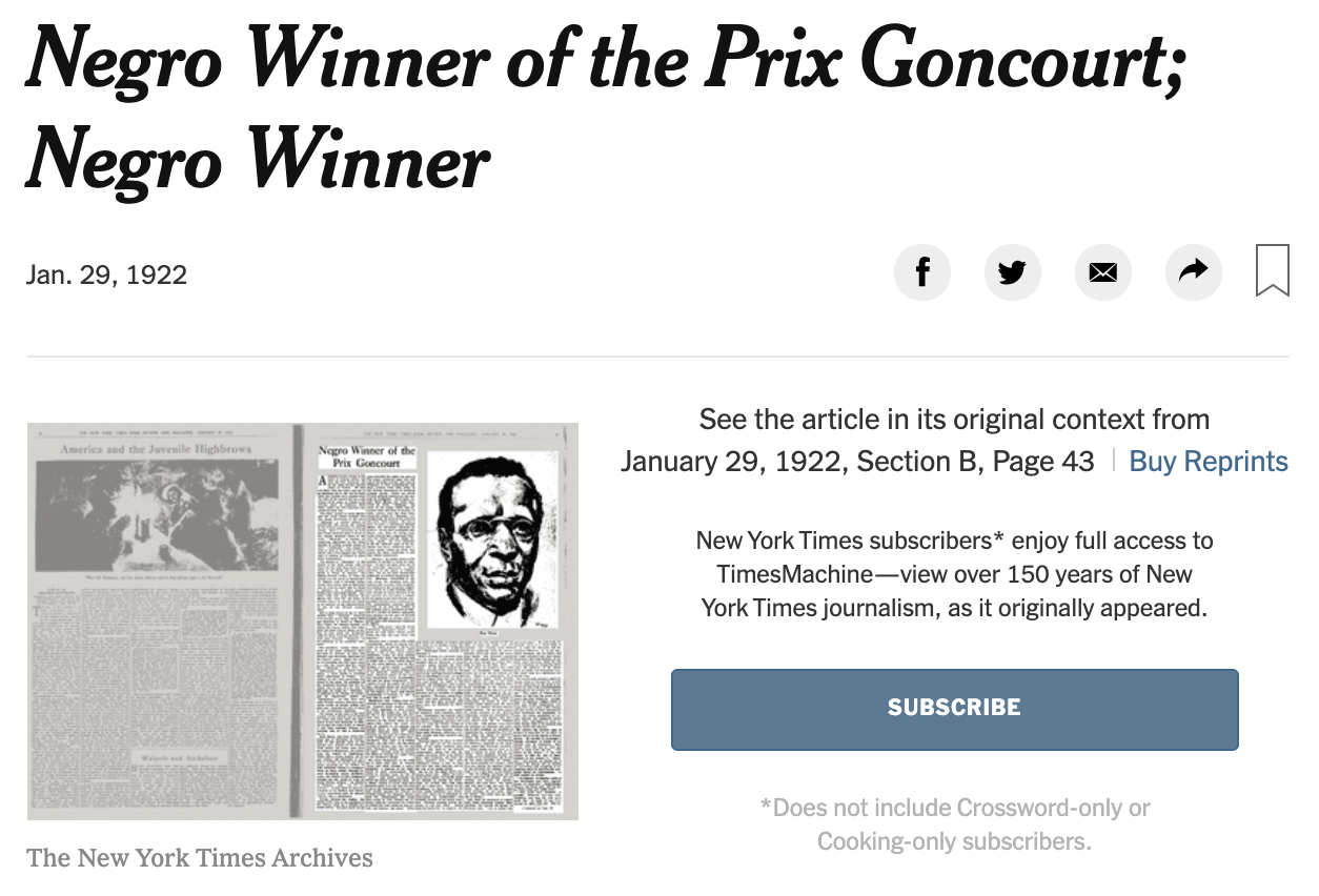 Negro Winner of the price Goncourt de T.R.Y   du New York Times