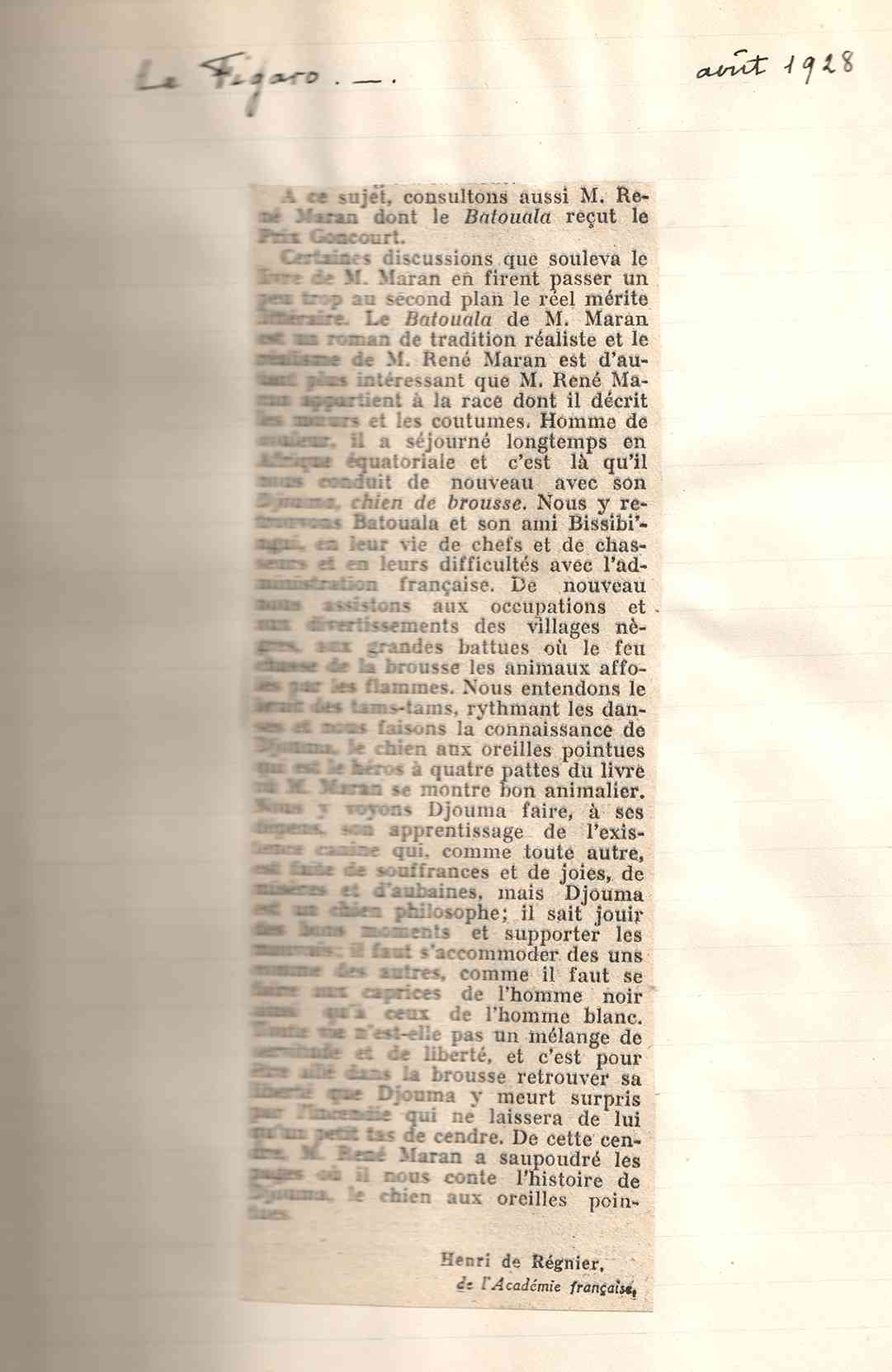 ARTICLE DU FIGARO DE AOUT 1928 DE H DE REGNIER Articles Sur Batouala, René Maran