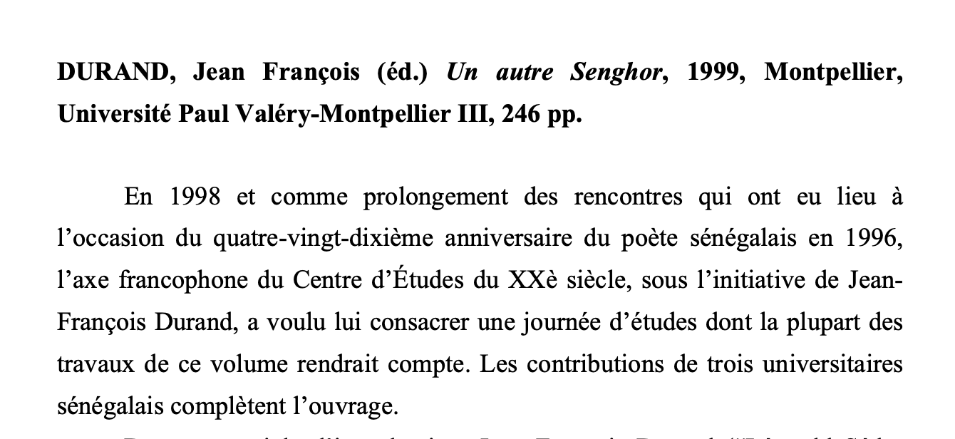 Article de Lourdes Rubiales sur « un autre Senghor » par Jean François DURAND (Université de Cadix 2000)