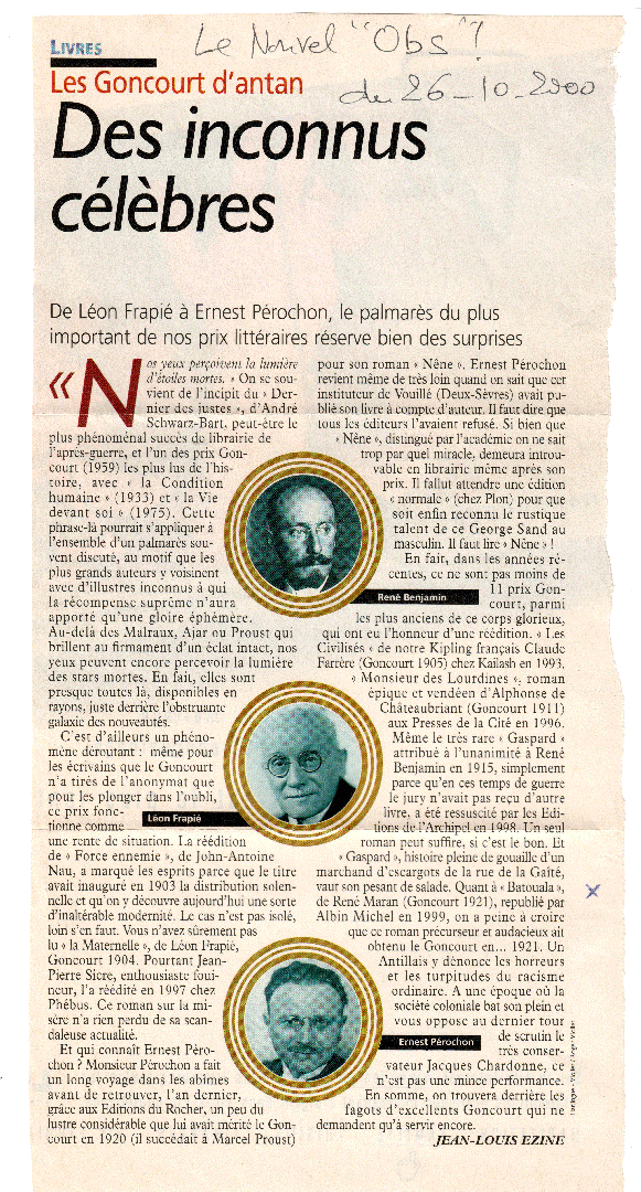 ARTICLE DU NOUVEL OBSERVATEUR DOCTOBRE 2000 SUR LES GONCOURT DANTAN Batouala, René Maran