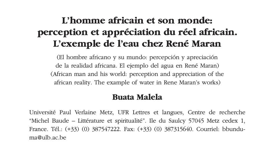 Article de B Malela « l’homme africain et son monde : perception et appréciation du réel africain.  L’exemple de l’eau chez René Maran » (Université de Cadix – 2005)