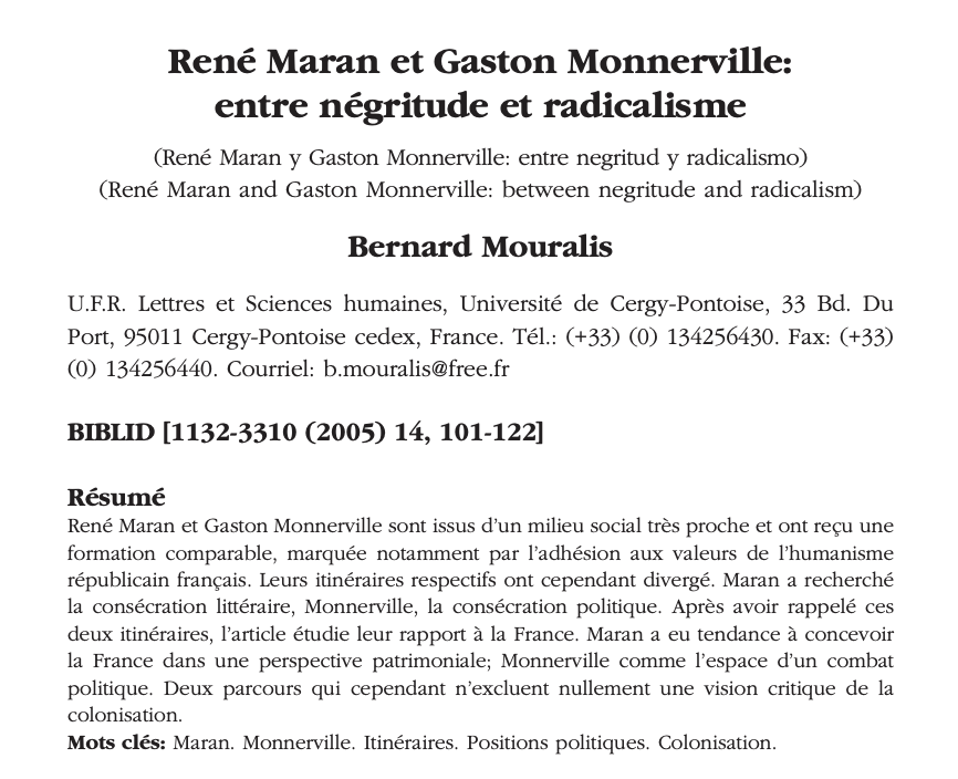 « René Maran et Gaston Monnerville : entre négritude et radicalisme » (Université de Cadiz 2005)  Par Bernard Mouralis