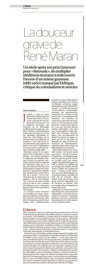 Le Monde Page 1, René Maran